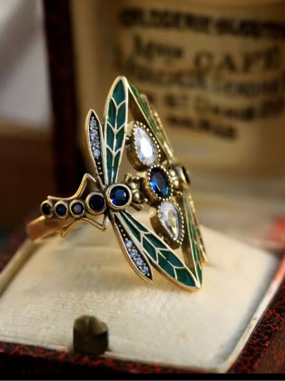 Vintage Green Enamel & Blue Stone Cocktail Ring - Picture 4 of 4
